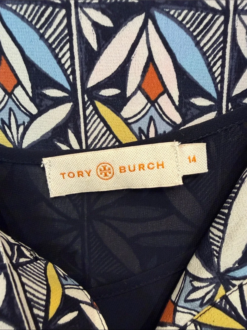 Tory Burch Navy Geometric Mini Dress with White and Gold Accents